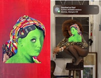 a woman is sitting on a stool next to a painting of a woman